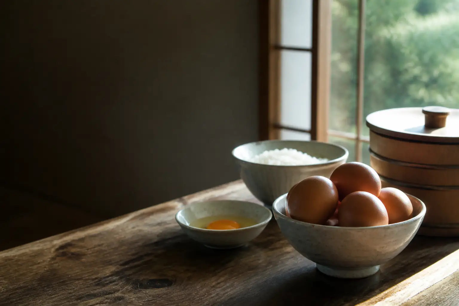 朝の食卓に並んだ、炊きたてのご飯と平飼いたまご