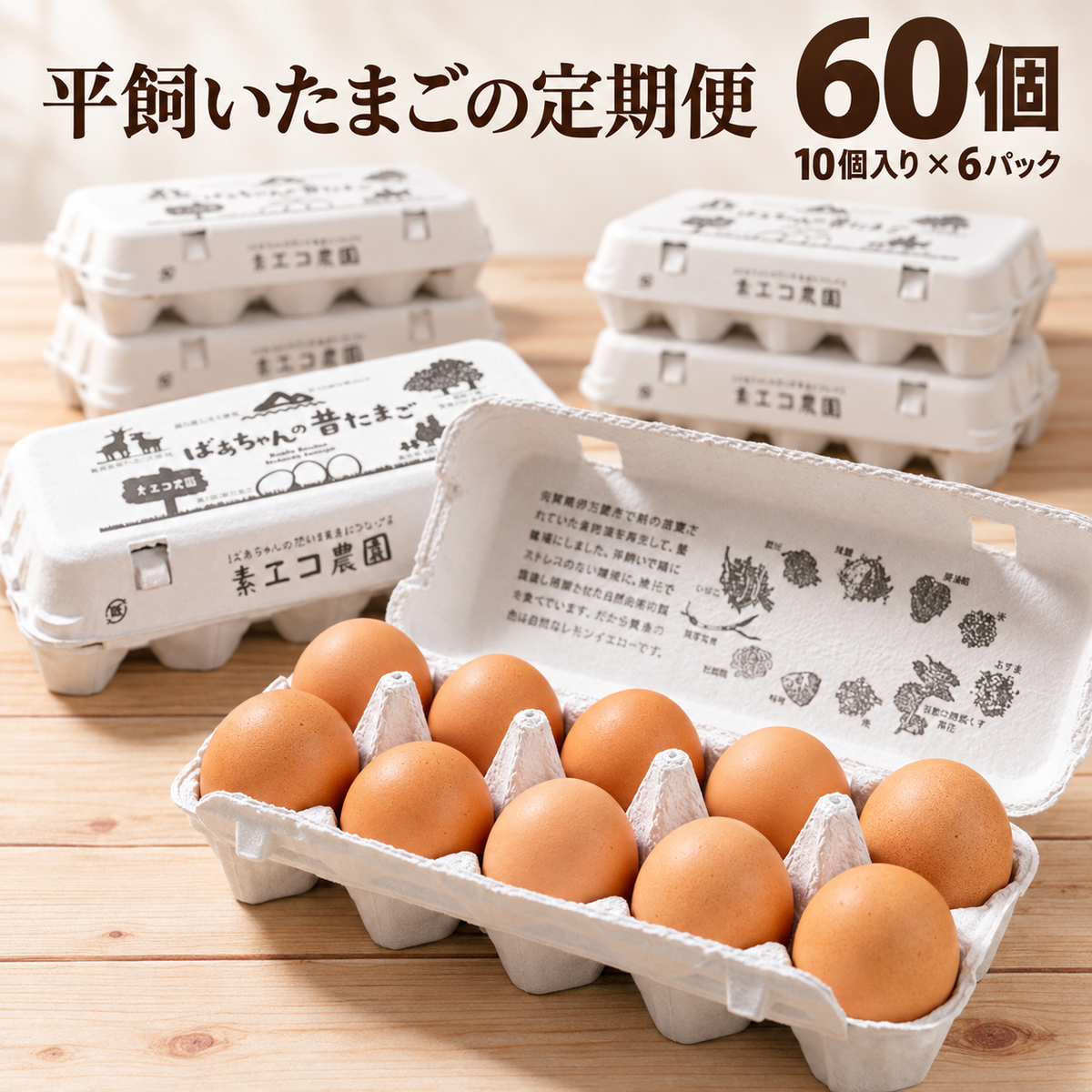 素ヱコ農園 平飼いたまごの定期便 60個（10個入り×6パック）