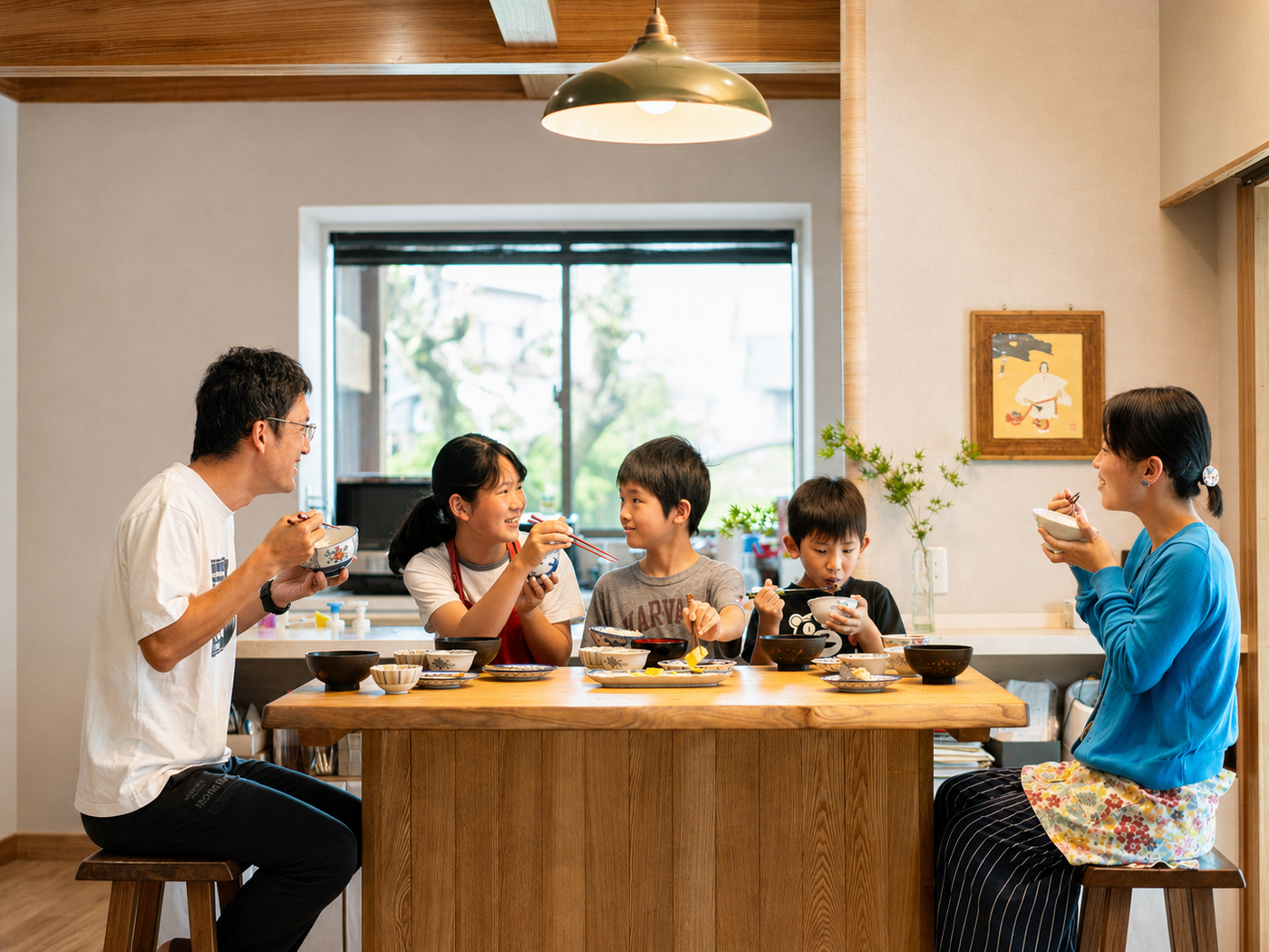 家族5人が食卓を囲んで食事をしている様子